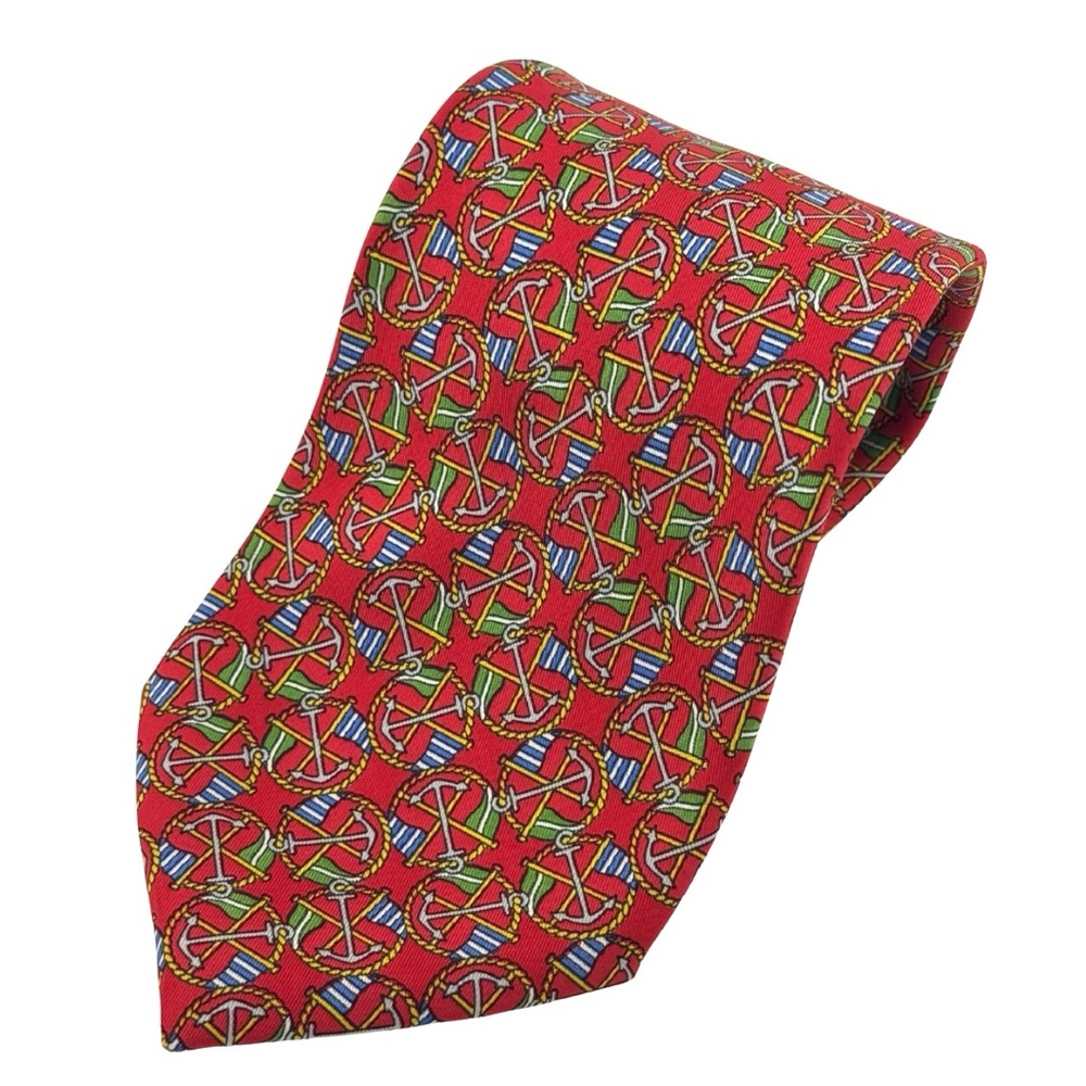 Salvatore Ferragamo 100% Silk Mens Neck Tie Red‎ Sailing Flags Multicolor Italy